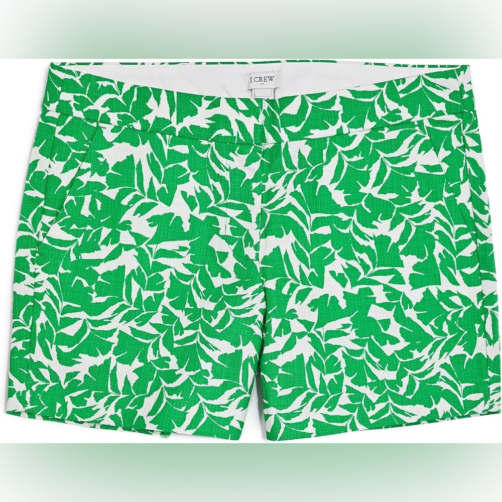 J. Crew Green and White Leaf-Print Jean Shorts